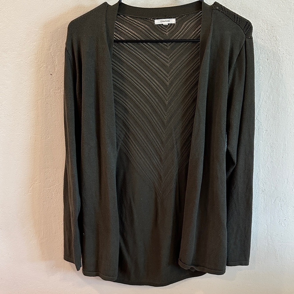 Maurice’s green cardigan, size, large, see-through design on back,